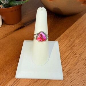Pink Dahlia Turquoise Ring - Size 7.5 - .925 Sterling Silver